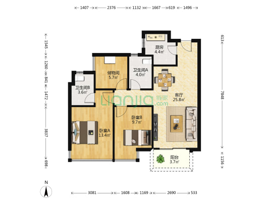 金玖世家北区 2室1厅2卫 90平方