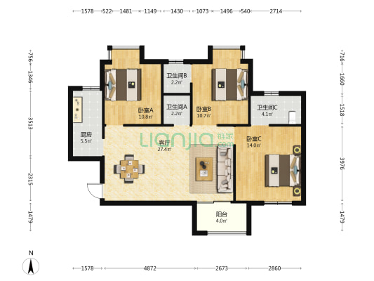 南湖锦城 3室1厅3卫 110平方