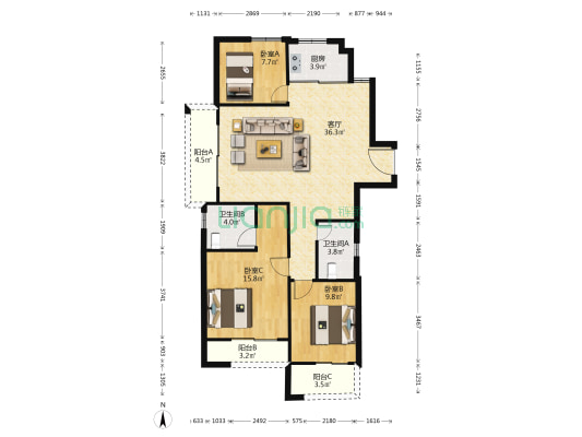 西象锦园 3室1厅2卫 126平方