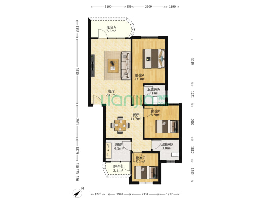 广兴花园 3室2厅2卫 96平方