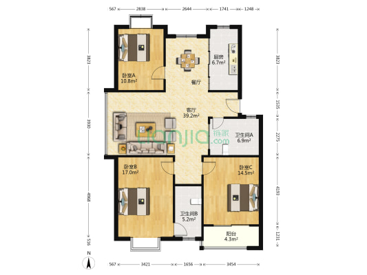 水岸名都紫荆园 3室1厅2卫 122平方