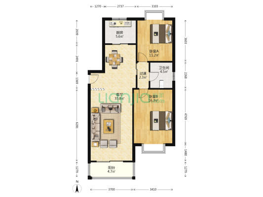 德福苑 2室1厅1卫 107平方