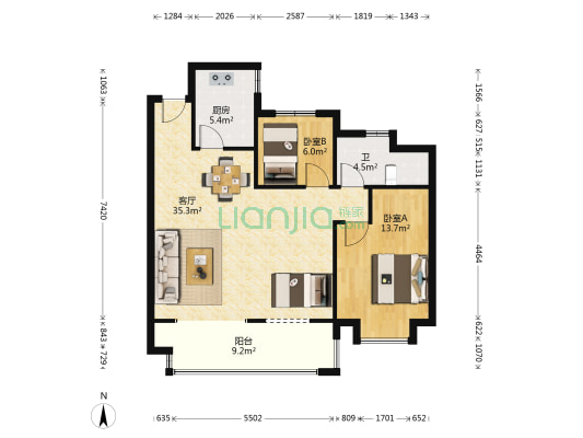 光明府B区 2室1厅1卫 97平方