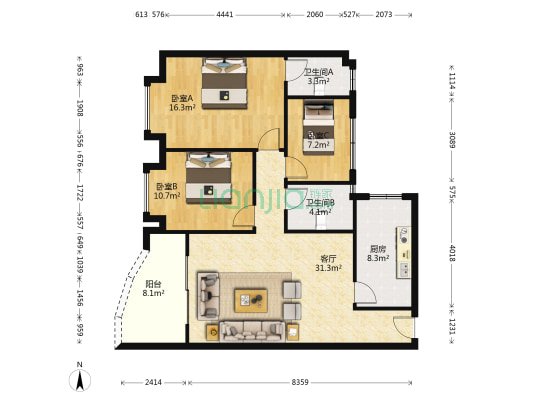 振东楼 3室1厅2卫 100平方