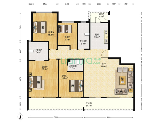 绿地海外滩 4室1厅3卫 210平方