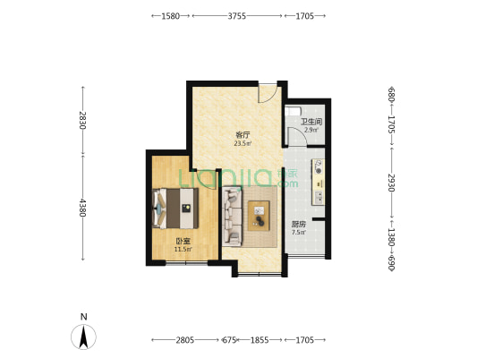 张士新居 1室1厅1卫 62平方