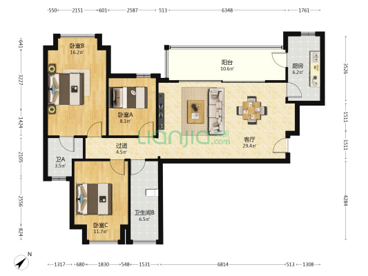 梧桐雅园 3室1厅2卫 118平方