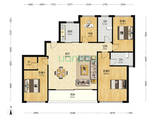 绿城桂冠东方二区 4室1厅2卫 141平方