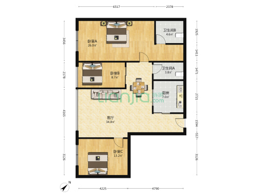 瑞丰公寓 3室1厅2卫 132平方