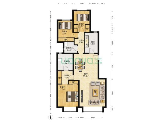 誉天下盛寓 3室1厅2卫 120平方