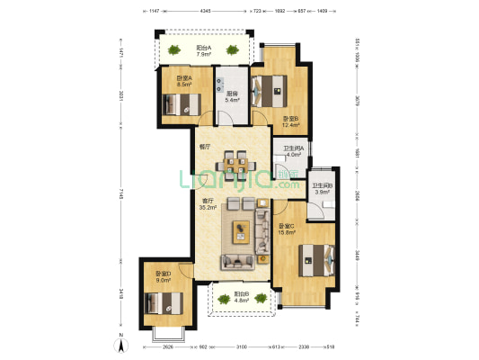 民族风情街 4室1厅2卫 136平方