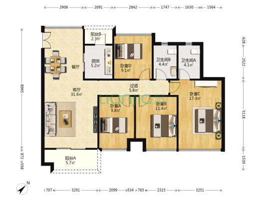 天福华府 4室1厅2卫 125平方