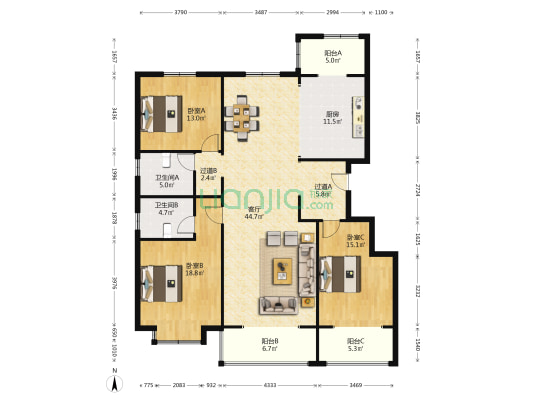 绿地观澜半岛 3室1厅2卫 156平方