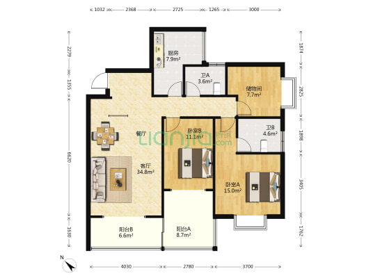 鼎易天城 2室1厅2卫 121平方