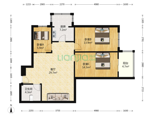 祥云家园 3室1厅1卫 106平方