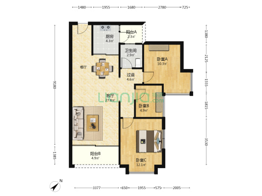 忠信海畔湾居 3室1厅1卫 92平方