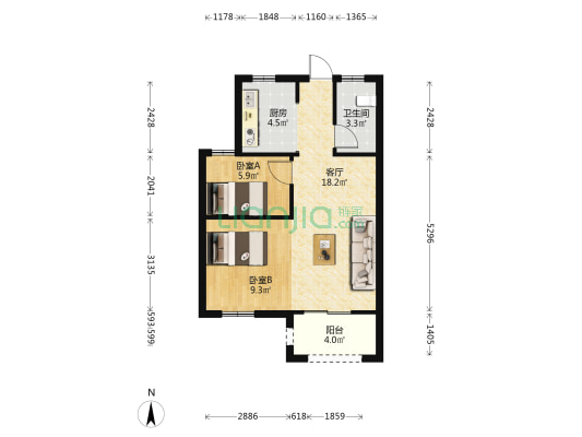 三迪枫丹雅筑南区 2室1厅1卫 60平方