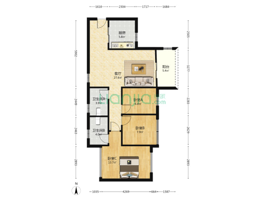 中海凤凰熙岸 3室1厅2卫 86平方
