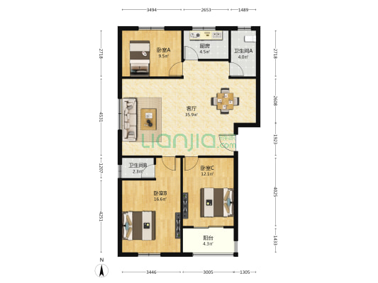 三景花园 3室1厅2卫 107平方