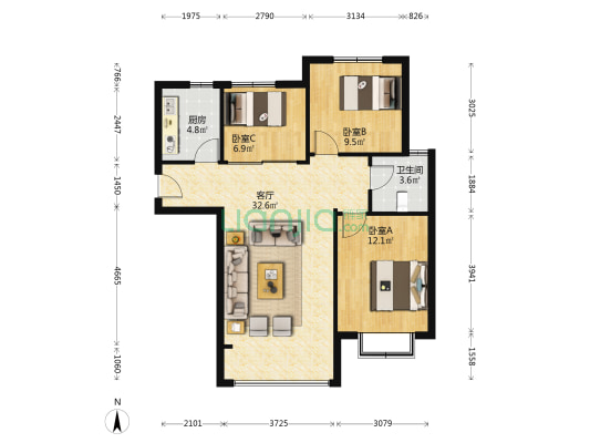 锦墨院A区 3室1厅1卫 100平方