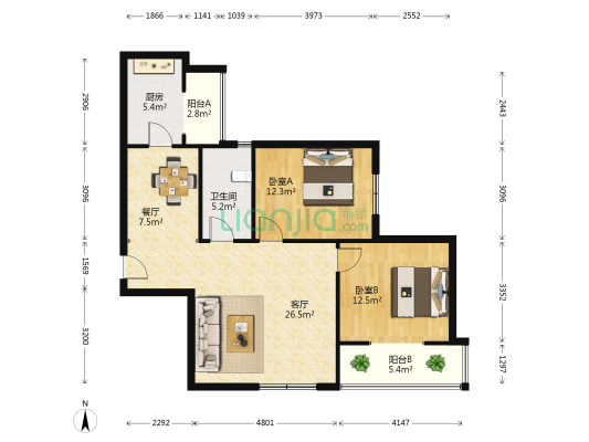 海璟新天地 2室2厅1卫 106平方