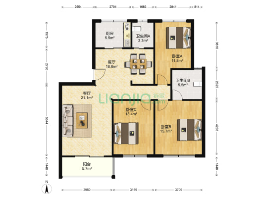 南郊花园(公寓) 3室2厅2卫 119平方