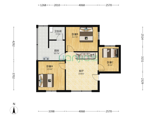 月光村 3室1厅1卫 78平方