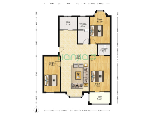 此房房本满五，南北双通透户型，公摊面积小-户型图