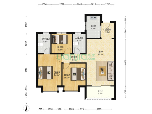 弘阳美的昕悦尚宸苑 3室1厅2卫 107平方