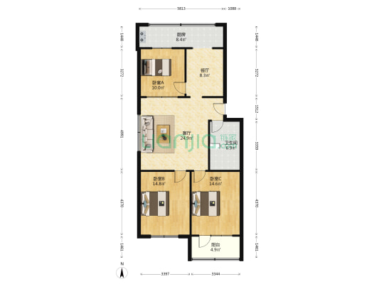 汾河小区 3室2厅1卫 104平方