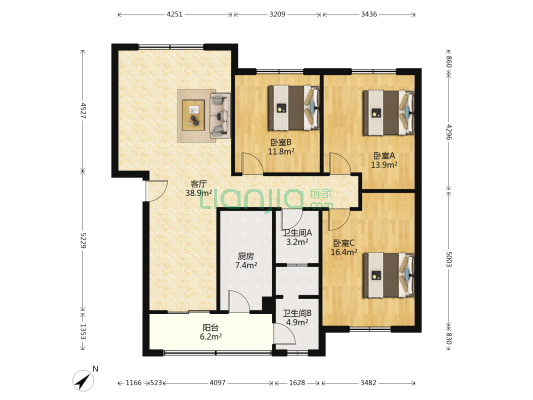 成都市农林科学院 3室1厅2卫 123平方