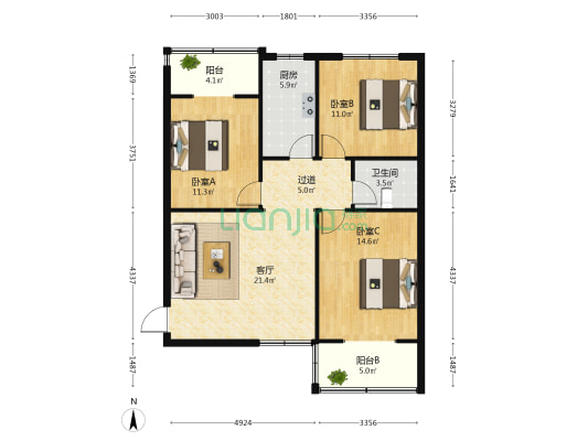 锦江花园 3室1厅1卫 114平方