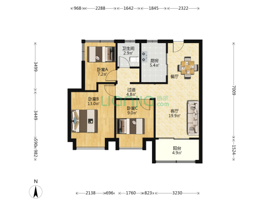 招商奥体公园二期 3室1厅1卫 88平方