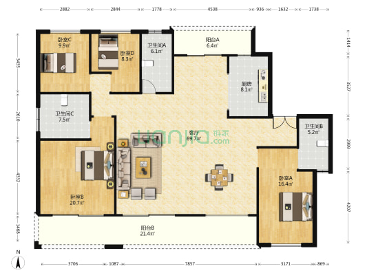 秀峰一品 4室1厅3卫 223平方
