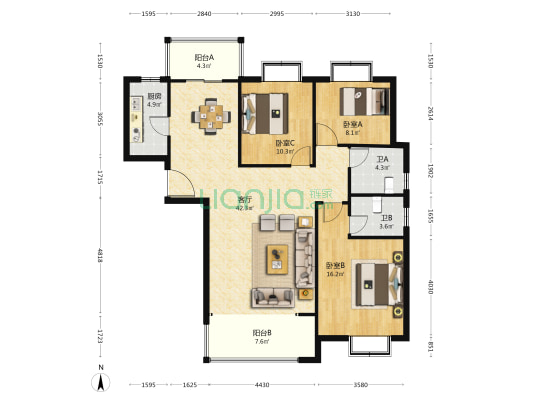 盛景豪庭 3室1厅2卫 129平方
