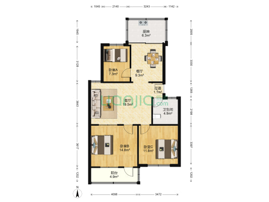 抹直口政府家属楼 3室2厅1卫 92平方