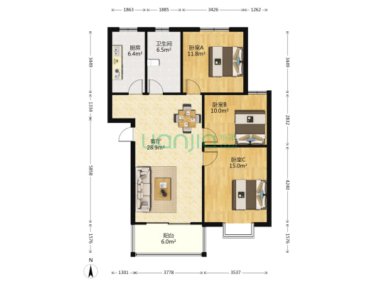 庙泾新村 3室1厅1卫 101平方