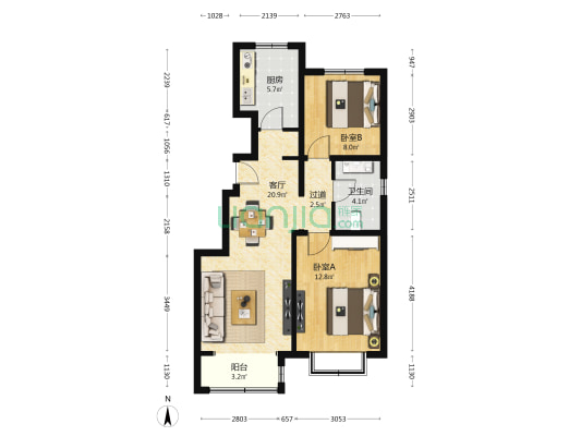 庙城路3号院 2室1厅1卫 82平方
