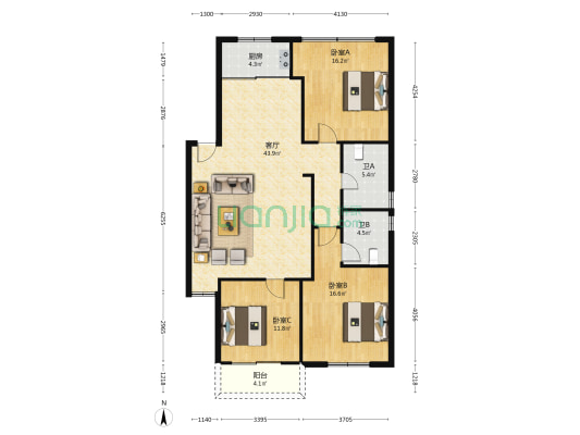 华昌楼 3室1厅2卫 136平方