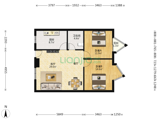 港吉大厦 2室1厅1卫 90平方