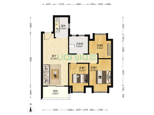 武汉国际社区B6地块 3室1厅1卫 89平方