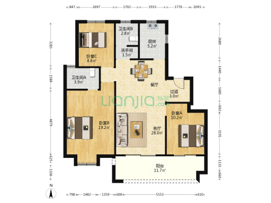 康月家园 3室1厅3卫 119平方