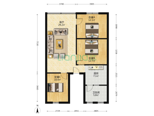 新城3号区 3室1厅1卫 93平方