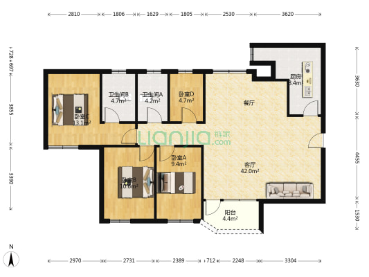凤凰广场 4室1厅2卫 120平方