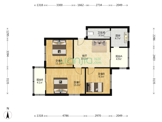 长山路61号 3室1厅1卫 87平方