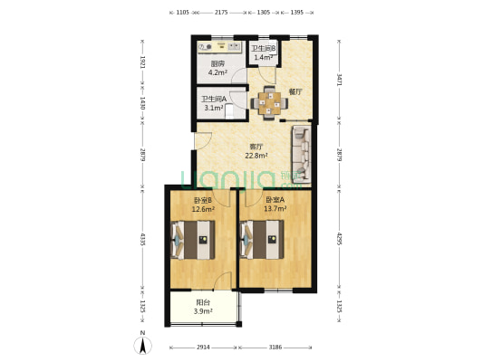 电厂家属区东一住宅区 2室1厅2卫 75平方