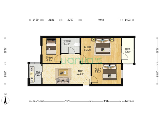 县仓巷7号 3室1厅1卫 80平方