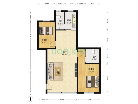 西监四合院 2室1厅2卫 74平方