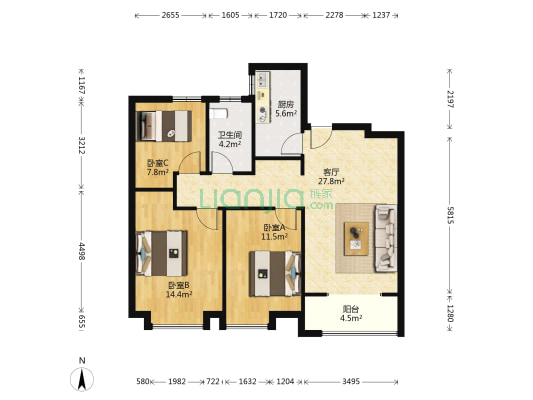 凤凰汇熙园 3室1厅1卫 93平方