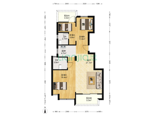 万像格林公寓 3室1厅2卫 87平方